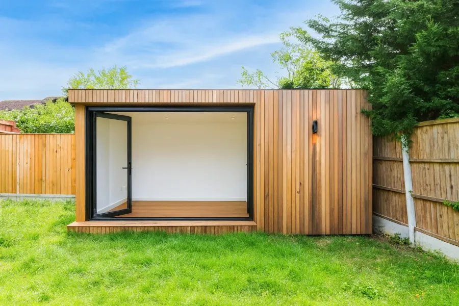 The Manor garden room, cedar clad with a full-width opening